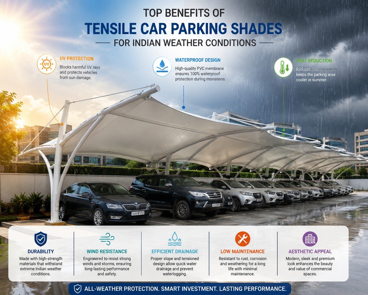 Top Benefits of Tensile Car Parking Shades for Indian Weather Conditions 